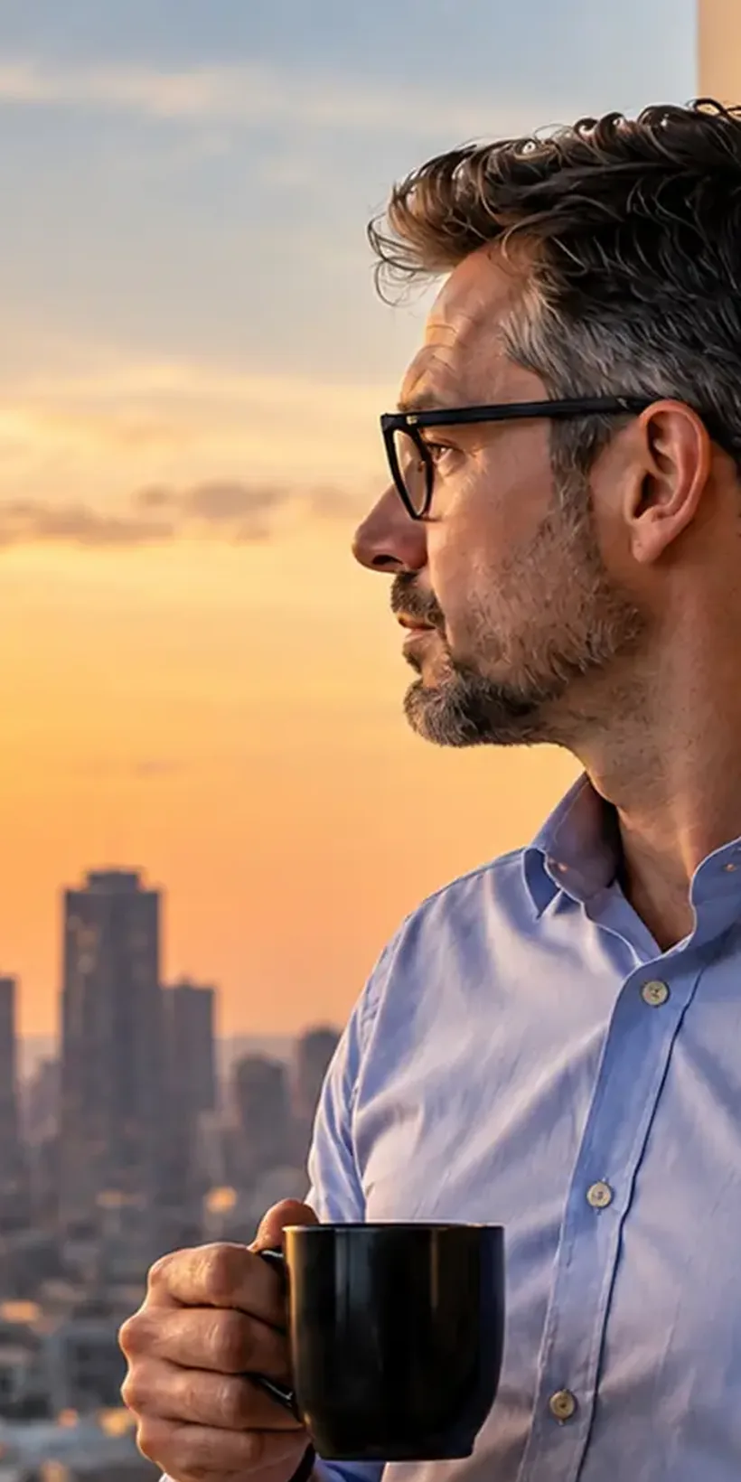 Investidor no sofá com o notebook, cidade ao fundo.